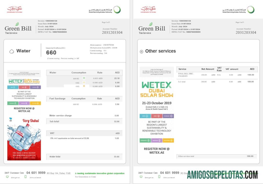Em branco modelo de fatura de serviços públicos verdes de Dubai dos Emirados Árabes Unidos em formatos Word e PDF, totalmente editável 3 4
